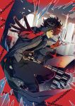  1boy black_hair chains coat full_body gloves kurusu_akira looking_at_viewer male_focus mask midou_(midooooooooh) outstretched_arm persona persona_5 red_background red_gloves short_hair simple_background skyline smile solo sparkle 