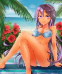  1girl arm_support barefoot beach bikini blue_bikini blush breasts closed_mouth clouds collarbone day eyebrows_visible_through_hair flower gj-bu hair_between_eyes hibiscus himaneko legs_crossed long_hair medium_breasts outdoors plant purple_hair side-tie_bikini sitting sky smile solo sumeragi_shion swimsuit tan very_long_hair violet_eyes water 