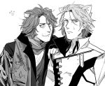  2boys animal_ears ardyn_izunia cat_ears facial_hair final_fantasy final_fantasy_xv fingerless_gloves gloves greyscale hand_on_another&#039;s_shoulder kemonomimi_mode looking_at_viewer male_focus military military_uniform monochrome multiple_boys nogamichi paw_print ravus_nox_fleuret short_hair smile stubble sweatdrop uniform upper_body 