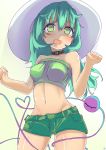  1girl :d akure_ekuto alternate_costume alternate_hairstyle bangs bare_arms bare_shoulders blush breasts collar cowboy_shot eyebrows_visible_through_hair green_eyes green_hair green_shorts hair_between_eyes hat heart heart_of_string highres komeiji_koishi long_hair looking_at_viewer medium_breasts midriff navel open_mouth shorts smile solo strapless third_eye touhou tubetop white_hat 