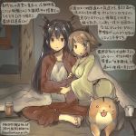  2girls animal barefoot black_hair brown_hair commentary_request cup dated drinking_glass green_eyes hamster headgear jacket kantai_collection kirisawa_juuzou long_hair long_sleeves multiple_girls mutsu_(kantai_collection) nagato_(kantai_collection) non-human_admiral_(kantai_collection) pants red_eyes red_jacket red_pants short_hair sweat traditional_media translation_request twitter_username 