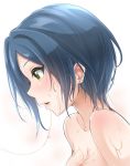  1girl blue_hair blush breasts cleavage close-up earrings from_side green_eyes hayami_kanade highres idolmaster idolmaster_cinderella_girls jewelry large_breasts murabito_c parted_lips short_hair solo wet 