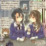  2girls alcohol animal ashigara_(kantai_collection) black_eyes black_hair brown_eyes brown_hair commentary_request cup dated drinking_glass gloves hairband hamster jacket kantai_collection kirisawa_juuzou long_hair long_sleeves multiple_girls nachi_(kantai_collection) non-human_admiral_(kantai_collection) ponytail purple_jacket traditional_media translation_request twitter_username uniform white_gloves 