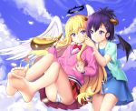  2girls ahoge angel angel_and_devil angel_wings barefoot blonde_hair blue_dress blue_eyes blush bow bowtie cheek_poking closed_mouth clouds collarbone day demon_girl demon_horns demon_wings dress drogoth eyebrows_visible_through_hair feet gabriel_dropout glint hair_between_eyes hair_ornament hairclip halo hand_on_another&#039;s_shoulder head_tilt highres holding hood hooded_jacket horn horn_(instrument) horns instrument jacket long_sleeves looking_at_another multiple_girls panties pantyshot pantyshot_(sitting) pink_jacket pleated_skirt poking purple_hair red_bow red_bowtie red_skirt school_uniform shirt sitting skirt sky soles tenma_gabriel_white toes tsukinose_vignette_april underwear violet_eyes white_panties white_shirt wings x_hair_ornament zipper 