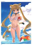  1girl absurdres animal_ears arm_behind_back ball bangs bare_shoulders beachball bell bikini blonde_hair blue_sky blush body_blush breasts cat_ears cat_tail chestnut_mouth choker cleavage clouds collarbone cowboy_shot day eyebrows_visible_through_hair floaties frilled_bikini frills gluteal_fold highres horizon jingle_bell kotora_(toranoana) long_hair looking_at_viewer medium_breasts mutsumi_masato navel ocean open_mouth page_number scan sky solo stomach summer swimsuit tail tiger_ears tiger_tail toranoana twintails very_long_hair violet_eyes wading water water_drop wet wet_hair 