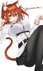  1girl ahoge animal_ears black_legwear black_skirt blush breasts brown_hair cat_ears cat_tail fate/grand_order fate_(series) fujimaru_ritsuka_(female) hair_between_eyes highres kemonomimi_mode large_breasts long_sleeves looking_at_viewer miniskirt onineko-chan pantyhose parted_lips paw_pose shirt skirt solo tail wavy_mouth white_shirt yellow_eyes 