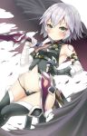  1girl arm_belt armpits assassin_of_black bandage bandaged_arm bandaged_hands bangs bare_shoulders belt black_gloves black_legwear black_panties blush breasts buckle cape cleavage closed_mouth dagger dual_wielding dutch_angle expressionless eyebrows_visible_through_hair fate/apocrypha fate/grand_order fate_(series) fingerless_gloves gloves green_eyes groin hair_between_eyes halter_top halterneck hand_up highres holding holding_weapon legs_together looking_at_viewer lowleg lowleg_panties navel panties scar scar_on_cheek shimo_(shimo_00) short_hair silver_hair simple_background single_glove small_breasts solo stomach thigh-highs torn_cape torn_clothes underwear weapon white_background 