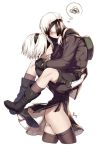  1boy 1girl aki663 ass backpack bag black_dress black_legwear blindfold carrying closed_mouth cowboy_shot dress embarrassed expressionless from_side hairband looking_away nier_(series) nier_automata no_panties short_dress short_hair simple_background squiggle sweatdrop thigh-highs thighs thought_bubble twitter_username white_background white_hair yorha_no._2_type_b yorha_no._9_type_s 