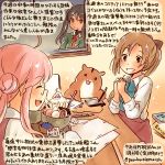  3girls :d ^_^ ^o^ ahoge akigumo_(kantai_collection) animal aqua_bowtie black_eyes black_hair bow bowtie brown_eyes brown_hair closed_eyes commentary_request dated double_bun dress food glasses hamster ice_cream kantai_collection kirisawa_juuzou long_sleeves makigumo_(kantai_collection) multiple_girls non-human_admiral_(kantai_collection) open_mouth paper pink_hair ponytail shirt sleeveless sleeveless_dress sleeves_past_wrists smile tone_(kantai_collection) traditional_media translation_request twintails twitter_username white_shirt window 