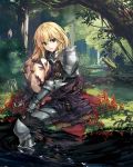  1girl armor bangs black_gloves blonde_hair blue_eyes braid chi_no_ue_no_paladin closed_mouth forest gauntlets gloves greaves hair_tubes highres knee_up knight long_hair looking_at_viewer luna_(reclaimed_land) nature official_art partially_submerged pauldrons river serious side_braid sitting skirt solo sunlight torn_clothes torn_skirt 