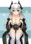  1girl bangs blush breasts cleavage collarbone commentary_request eyebrows_visible_through_hair fate/grand_order fate_(series) hair_between_eyes heart horns japanese_clothes kimono kiyohime_(fate/grand_order) kurokage large_breasts long_hair looking_at_viewer obi open_mouth red_eyes sash silver_hair sitting solo thigh-highs twitter_username white_legwear wide_sleeves 
