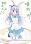  1girl :o animal_ears apron arms_up bangs black_shoes blue_bow blue_dress blue_eyes blue_hair blush bow bunny_ears_gesture buttons collared_dress dated dress english fake_animal_ears full_body gochuumon_wa_usagi_desu_ka? hair_between_eyes hair_ornament hairband hairclip happy_birthday kafuu_chino kneeling leaf long_hair mary_janes minigirl mirai_(mirai76_) open_mouth plant plate puffy_short_sleeves puffy_sleeves rabbit_ears shoes short_sleeves sidelocks simple_background solo spoon thigh-highs white_apron white_background white_legwear x_hair_ornament zettai_ryouiki 