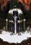  1boy absurdres armor blue_fire chair cloak fate/grand_order fate_(series) fire full_body highres horns king_hassan_(fate/grand_order) looking_at_viewer male_focus mask sitting skull skull_mask solo sword weapon 