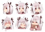  &gt;:t 1girl :3 :t =3 ahoge bangs bear_hair_ornament blush brown_ribbon closed_mouth eyebrows_visible_through_hair hair_between_eyes hair_ornament hair_ribbon highres long_hair looking_at_viewer multiple_views no_eyes object_hug open_mouth original portrait pout puffed_cheeks red_eyes ribbon shaded_face silver_hair sparkle star star-shaped_pupils stuffed_animal stuffed_toy sukemyon sweatdrop symbol-shaped_pupils teddy_bear trembling twintails wince 