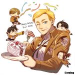  1girl 302 4boys ahoge blonde_hair blue_eyes cake character_name chibi confetti erwin_smith facial_hair food food_on_face fork fruit glasses goatee hange_zoe happy_birthday horn_(instrument) jacket levi_(shingeki_no_kyojin) mike_zakarius multiple_boys nile_dok one_eye_closed party_popper shingeki_no_kyojin short_ponytail smile strawberry 