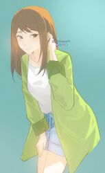  1girl absurdres aqua_background blue_shorts breasts brown_eyes brown_hair commentary cowboy_shot green_jacket hand_on_own_thigh hand_up highres jacket knowname leaning_forward long_hair long_sleeves looking_at_viewer medium_breasts open_clothes open_jacket parted_lips shirt shorts simple_background smile solo to_be_hero_x tucking_hair twitter_username white_shirt xia_qing_(to_be_hero_x) 