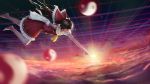  1girl above_clouds absurdres armpits ascot barefoot black_eyes black_hair blurry bow depth_of_field detached_sleeves floating_hair flying frilled_skirt frills from_side gohei hair_bow hair_tubes hakurei_reimu highres japanese_clothes long_hair long_sleeves miko profile red_shirt red_skirt sarena shirt skirt skirt_set sleeveless sleeveless_shirt solo space sunlight touhou wide_sleeves yin_yang_orb 