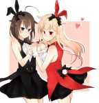  2girls alternate_costume animal_ears ascot black_dress blonde_hair blue_eyes blush braid brown_hair bunny_girl bunny_tail camellia dress hair_flaps hand_holding kantai_collection long_hair looking_at_viewer multiple_girls rabbit_ears red_dress red_eyes shigure_(kantai_collection) short_dress single_braid sleeveless sleeveless_dress smile tail yuudachi_(kantai_collection) 