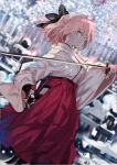  1girl armor black_bow blurry bow cherry_blossoms depth_of_field fate/grand_order fate_(series) from_side hair_bow hakama hip_vent holding holding_sword holding_weapon japanese_armor japanese_clothes katana kimono koha-ace kote long_sleeves looking_at_viewer looking_to_the_side pink_hair ran_(pixiv2957827) sakura_saber smile solo sword weapon wide_sleeves yellow_eyes 