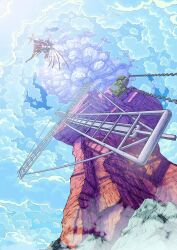  aircraft airship bloom chain cliff clouds cloudy_sky day fantasy floating_island fog foreshortening from_below gears highres jikkujiku no_humans original propeller scenery sky windmill 