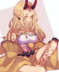  1girl blonde_hair breasts earrings fate/grand_order fate_(series) horns ibaraki_douji_(fate/grand_order) japanese_clothes jewelry kimono older oni pointy_ears smile solo tattoo wonakira yellow_eyes 