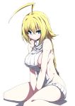  1girl :o ahoge backless_outfit bangs bare_arms bare_legs bare_shoulders between_legs blazblue blonde_hair blue_eyes braid breasts dress es_(xblaze) hair_between_eyes halterneck hand_between_legs huge_ahoge kaname_nagi large_breasts looking_at_viewer naked_sweater open-back_dress parted_lips ribbed_sweater sideboob simple_background single_braid sitting solo sweater sweater_dress v_arms virgin_killer_sweater wariza white_background white_sweater xblaze xblaze_code:_embryo 