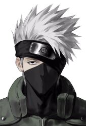  1boy black_eyes expressionless flak_jacket forehead_protector green_jacket hatake_kakashi highres jacket konohagakure_shinobi_uniform konohagakure_symbol looking_at_viewer male_focus mask mouth_mask naruto naruto_(series) ninja ninja_mask one_eye_covered short_hair simple_background solo spiky_hair sso_s white_background white_hair 