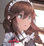  1girl alternate_costume apron braid brown_hair close-up enmaided face fujibejifu green_eyes kantai_collection looking_to_the_side maid maid_apron maid_headdress noshiro_(kantai_collection) parted_lips ribbon solo window 