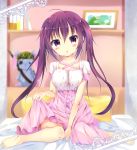  1girl :o ahoge bangs bare_legs barefoot bed bed_sheet between_legs blurry blush book breasts commentary_request cross-laced_clothes depth_of_field dress dress_lift eyepatch full_body gochuumon_wa_usagi_desu_ka? hair_between_eyes hair_ornament hairclip hand_between_legs helmet hinata_yuu_(atelierhinata) indoors knees_together_feet_apart lifted_by_self long_hair looking_at_viewer medium_breasts nightgown on_bed open_mouth pillow purple_hair shelf short_sleeves sidelocks sitting solo stuffed_animal stuffed_bunny stuffed_toy tedeza_rize twintails violet_eyes 
