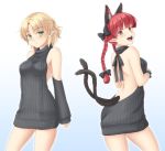  &gt;:( 2girls alternate_costume animal_ears armpit_peek backless_outfit bangs bare_arms bare_back bare_shoulders black_bow blonde_hair blunt_bangs blush bow braid breasts cat_ears cat_tail closed_mouth cowboy_shot detached_sleeves dress extra_ears gomi_(gomitin) green_eyes hair_bow halterneck kaenbyou_rin looking_at_viewer medium_breasts mizuhashi_parsee multiple_girls multiple_tails open-back_dress pointy_ears ponytail red_eyes redhead ribbed_sweater sideboob sweater sweater_dress tail touhou turtleneck turtleneck_sweater twin_braids two_tails virgin_killer_sweater 