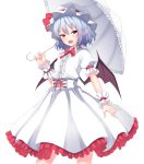  1girl :d alternate_color bat_wings blue_hair blush bow bowtie corset cowboy_shot dress frilled_dress frills hair_between_eyes hat hat_ribbon holding holding_umbrella junior27016 looking_at_viewer mob_cap open_mouth parasol pointy_ears puffy_short_sleeves puffy_sleeves red_bow red_bowtie red_eyes red_ribbon remilia_scarlet ribbon short_hair short_sleeves smile solo touhou umbrella white_background white_dress wings wrist_cuffs 