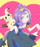  1girl :3 acerola_(pokemon) armlet ayatori_(sensei_heroism) bangs bare_arms bent_over blue_eyes closed_mouth collarbone costume dress elite_four eyelashes fingernails flat_chest flipped_hair hair_ornament heart leaning_forward looking_away looking_to_the_side mimikyu pikachu_costume pokemon pokemon_(creature) pokemon_(game) pokemon_sm polka_dot purple_hair short_hair short_sleeves smile standing stitches striped striped_background topknot torn_clothes torn_dress torn_sleeves trial_captain z-move 