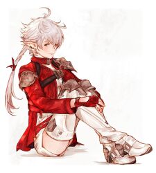  1girl alisaie_leveilleur blue_eyes chinese_text final_fantasy final_fantasy_xiv full_body highres hutaba_0718 jacket long_hair looking_at_viewer red_jacket shadow shoes simplified_chinese_text sitting solo white_background white_hair white_shoes 