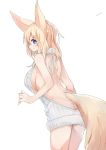  1girl animal_ears ass back backless_outfit bangs bare_back bare_shoulders blonde_hair blue_eyes breasts butt_crack dress eyebrows_visible_through_hair fox_ears fox_tail from_behind grey_dress halterneck hand_up large_breasts long_hair looking_at_viewer looking_back naked_sweater no_bra no_panties no_underwear open-back_dress original ribbed_sweater sideboob simple_background solo sweater sweater_dress tail turtleneck turtleneck_sweater virgin_killer_sweater waichi2424 white_background 