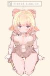  1girl blonde_hair blush bow breasts creator gloves hair_bow highres large_breasts looking_at_viewer ragnarok_online seiza short_hair simple_background sitting smile solo translation_request violet_eyes 