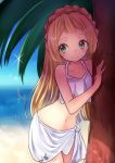  2girls against_tree bangs beach bikini blonde_hair blue_sky blunt_bangs braid cowboy_shot day french_braid green_eyes lillie_(pokemon) long_hair looking_to_the_side mallow_(pokemon) midriff multiple_girls ocean outdoors palm_tree pokemon pokemon_(anime) pokemon_sm_(anime) sand sarong sky smile solo_focus swimsuit tree white_bikini xe-cox 