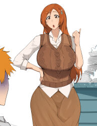  bleach blush breasts brown_eyes brown_hair brown_sweater_vest collarbone dr_octojuice gloom_(expression) hair_ornament hand_on_own_hip highres huge_breasts husband_and_wife inoue_orihime kurosaki_ichigo mature_female open_mouth orange_hair partially_shaded_face plate pointing shirt sink skirt soap spiky_hair sweater_vest thick_thighs thighs wet white_shirt wide_hips 