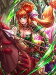 1girl ahoge armor box_(hotpppink) breasts cleavage flower green_eyes hair_flower hair_ornament highres holding holding_reins holding_weapon horseback_riding japanese_armor long_hair looking_at_viewer official_art open_mouth orange_hair outdoors polearm ponytail reins riding sengoku_kishin_valkyrie smile spear tree updo very_long_hair watermark weapon 