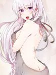  1girl 1pinpon ass back backless_outfit bangs bare_back bare_shoulders blush breasts butt_crack dimples_of_venus dress emilia_(re:zero) eyebrows_visible_through_hair from_behind grey_dress halterneck highres long_hair looking_at_viewer looking_back low-tied_long_hair medium_breasts naked_sweater no_bra no_panties no_underwear open-back_dress open_mouth re:zero_kara_hajimeru_isekai_seikatsu ribbed_sweater shoulder_blades sideboob solo sweater sweater_dress turtleneck turtleneck_sweater upper_body violet_eyes virgin_killer_sweater 