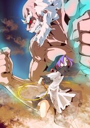  1boy 1girl absurdres beard blue_eyes blue_hair clenched_hands clenched_teeth clouds death2990 facial_hair highres hood hoop jewelry kesa kumoi_ichirin muscle mustache nun pendant ring short_hair teeth touhou unzan 