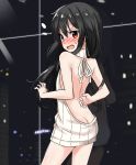  1boy ass backless_outfit bare_back bare_shoulders bellezza_felutia black_hair blue_eyes blush butt_crack crossdressinging dress felutiahime heterochromia highres long_hair open-back_dress open_mouth original red_eyes ribbed_sweater solo sweater trap virgin_killer_sweater white_sweater 