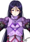  1girl 2017 artist_name bodysuit breasts cleavage covered_navel dated fate/grand_order fate_(series) hair_between_eyes large_breasts long_hair looking_at_viewer minamoto_no_raikou_(fate/grand_order) motherly mugipot outstretched_arms parted_lips purple_hair rope signature simple_background smile solo tabard tassel upper_body violet_eyes white_background 