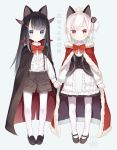  &gt;:) 2017 2girls animal_ears artist_name black_hair black_shoes blonde_hair blue_background blue_eyes bow brown_eyes brown_shoes brown_shorts cape center_frills closed_mouth crown dated dress eyebrows_visible_through_hair frilled_sleeves frills frown full_body hair_ornament hairclip hand_holding heart hibanar horns loafers long_hair long_sleeves looking_at_viewer mary_janes mini_crown multiple_girls number one_side_up original pantyhose red_bow shirt shoes short_hair shorts signature simple_background smile suspenders white_dress white_hair white_legwear white_shirt 
