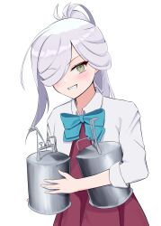  1girl absurdres ahoge aqua_bow aqua_bowtie asashimo_(kancolle) asashimo_kai_ni_(kancolle) blazer bow bowtie cowboy_shot dress grey_eyes grey_hair grin hair_over_one_eye halter_dress halterneck highres jacket kantai_collection l_meet looking_at_viewer ponytail purple_dress sharp_teeth simple_background smile solo teeth white_background white_jacket 