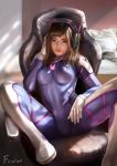 1girl absurdres animal_print artist_name asian bangs blue_bodysuit bodysuit boots bracer breasts brown_eyes brown_hair bunny_print chair couch d.va_(overwatch) eyebrows facepaint facial_mark firolian gloves hand_on_headphones headphones high_collar highres indoors light_rays light_smile lips long_hair looking_at_viewer nose office_chair overwatch pilot_suit realistic ribbed_bodysuit shoulder_pads signature sitting skin_tight small_breasts solo spread_legs swept_bangs wavy_hair whisker_markings white_boots white_gloves 