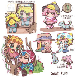  1girl 2others 6+boys animal argyle_clothes argyle_hat argyle_sweater beanie black_helmet blonde_hair blue_eyes blue_pants blue_sweater brown_hair brown_hat caesar_anthonio_zeppeli cape chibi commentary_request dated diamond_wa_kudakenai diego_brando dinosaur feather_hair_ornament feathers flower giorno_giovanna goggles goggles_on_headwear green_cape green_eyes guido_mista gyro_zeppeli hair_ornament hat helmet highres holding holding_animal holding_stuffed_toy hot_pants_(sbr) johnny_joestar jojo_no_kimyou_na_bouken joseph_joestar joseph_joestar_(young) killer_queen long_hair mirror multiple_boys multiple_others pants pink_eyes pink_hair red_hat reflection rizometa28 scary_monsters_(stand) short_hair sitting skirt speech_bubble stand_(jojo) star_(symbol) star_print steel_ball_run stray_cat_(jojo) stuffed_animal stuffed_toy sweater teddy_bear thought_bubble tree triangle_print vento_aureo white_hat 
