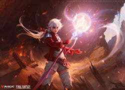  1girl alisaie_leveilleur commentary copyright_name crystal elezen elf embers english_commentary final_fantasy final_fantasy_xiv fire glowing holding holding_sword holding_weapon jacket justyna_dura looking_at_viewer magic:_the_gathering official_art pointy_ears red_jacket red_mage_(final_fantasy) solo standing sword thigh-highs weapon white_hair 