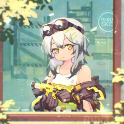  1girl absurdres artist_name bare_shoulders black_gloves black_jacket bright_pupils commentary commission commissioner_name croque_(neural_cloud) english_commentary food food_in_mouth girls&#039;_frontline_neural_cloud girls_frontline gloves goggles goggles_on_head gradient_hair gun hair_ornament hairpin highres holding holding_gun holding_weapon jacket looking_at_viewer multicolored_hair off_shoulder pocky pocky_in_mouth rnna shirt sleeveless sleeveless_shirt solo through_window upper_body weapon weapon_request white_hair white_shirt x_hair_ornament yellow_eyes 
