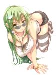  1girl all_fours alternate_costume ass back bare_arms bracelet breasts butt_crack cleavage cyoppu dress frog_hair_ornament green_eyes green_hair hair_ornament highres jewelry kochiya_sanae large_breasts long_hair looking_at_viewer looking_over_glasses miniskirt necklace no_shoes pendant shirt simple_background skirt sleeveless sleeveless_dress solo striped striped_legwear sunglasses thigh-highs touhou very_long_hair white_background zettai_ryouiki 