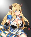  &gt;:) 1girl armor armored_boots armored_dress bangs black_background black_gloves blonde_hair blue_boots blue_eyes boots breasts cleavage closed_mouth commentary_request cowboy_shot cross-laced_clothes elbow_gloves faulds frills gloves granblue_fantasy hair_intakes highres holding holding_weapon horn_ornament horns large_breasts long_hair looking_at_viewer microskirt panties pantyshot pauldrons pleated_skirt pointy_ears polearm razia shiny shiny_hair skirt smile solo taka_(vert_320) thigh-highs thigh_boots underbust underwear very_long_hair weapon white_panties white_skirt 